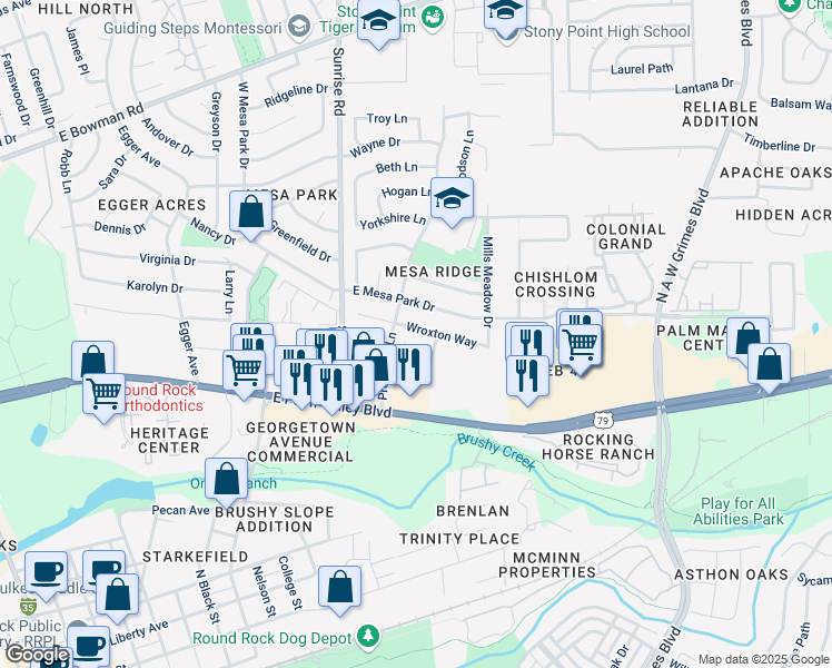 map of restaurants, bars, coffee shops, grocery stores, and more near 1307 Wroxton Way in Round Rock
