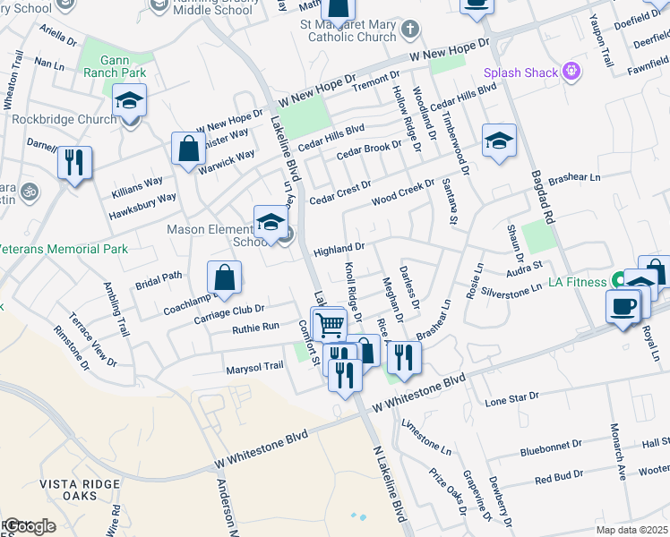 map of restaurants, bars, coffee shops, grocery stores, and more near 1505 Royce Lane in Cedar Park