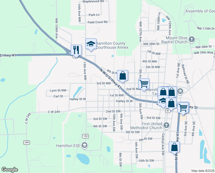 map of restaurants, bars, coffee shops, grocery stores, and more near 1204 3rd Street Northwest in Jasper