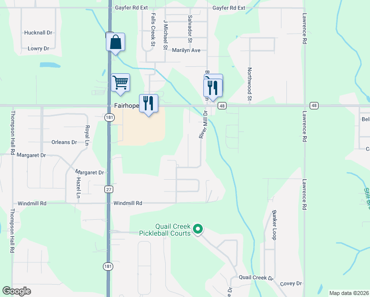 map of restaurants, bars, coffee shops, grocery stores, and more near 20271 Marion Court in Fairhope