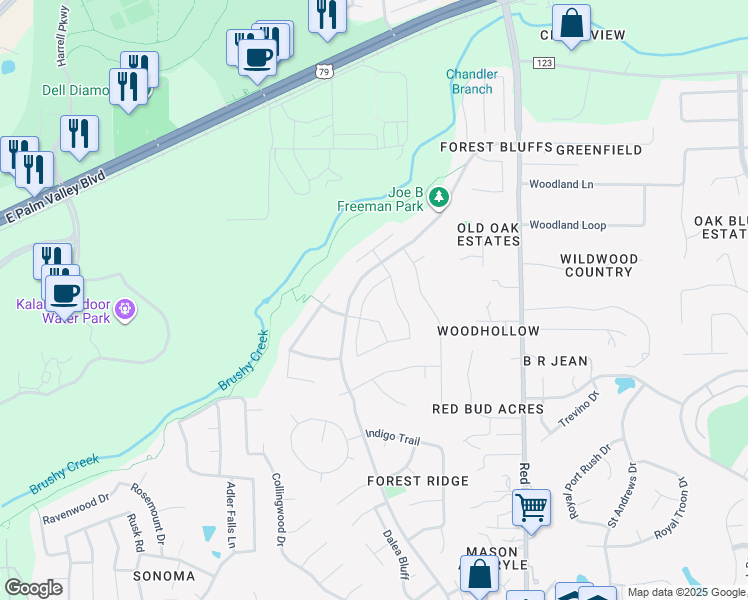 map of restaurants, bars, coffee shops, grocery stores, and more near 521 Kolbo Drive in Round Rock