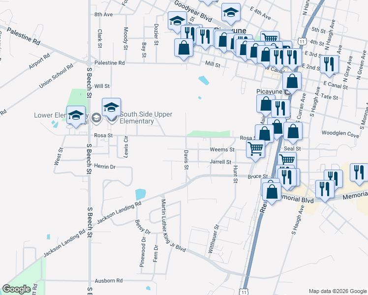 map of restaurants, bars, coffee shops, grocery stores, and more near 534 Davis Street in Picayune