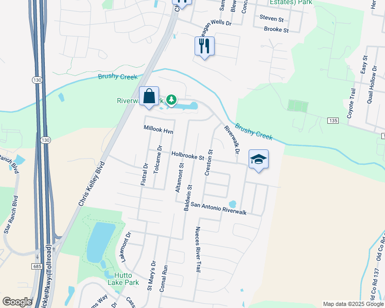 map of restaurants, bars, coffee shops, grocery stores, and more near 124 Baldwin Street in Hutto