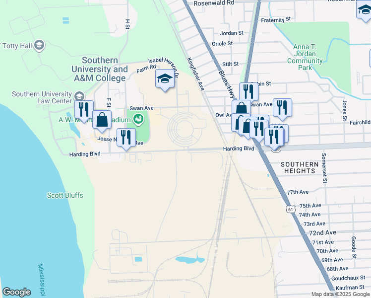 map of restaurants, bars, coffee shops, grocery stores, and more near 801 Harding Boulevard in Baton Rouge