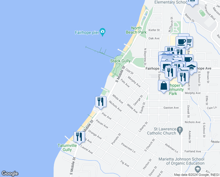 map of restaurants, bars, coffee shops, grocery stores, and more near 218 South Mobile Street in Fairhope