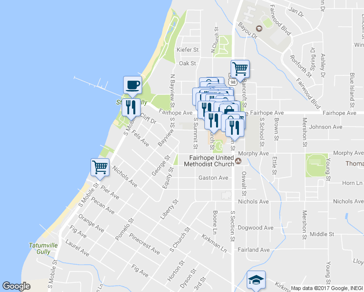 map of restaurants, bars, coffee shops, grocery stores, and more near 103 Liberty Street in Fairhope