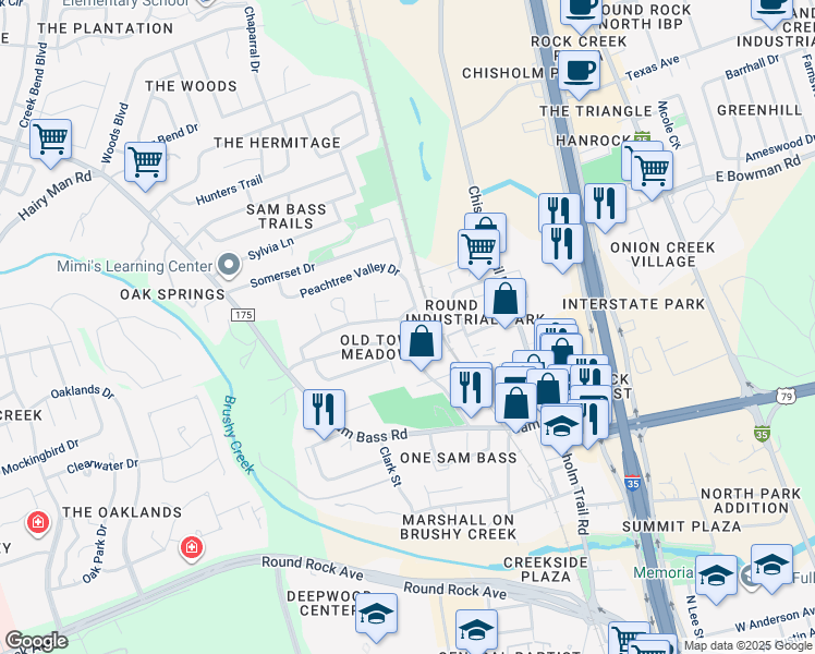 map of restaurants, bars, coffee shops, grocery stores, and more near 1404 Normeadows Circle in Round Rock