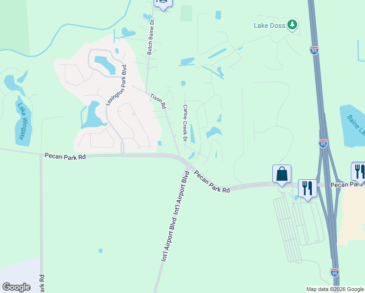 map of restaurants, bars, coffee shops, grocery stores, and more near 15726 Canoe Creek Drive in Jacksonville
