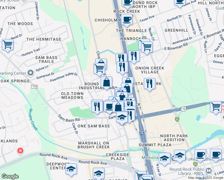 map of restaurants, bars, coffee shops, grocery stores, and more near 927 Chisholm Cove in Round Rock