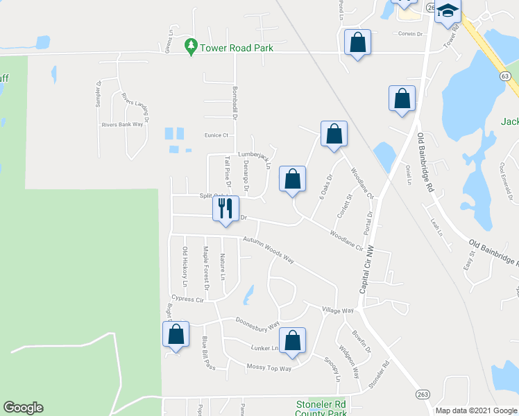 map of restaurants, bars, coffee shops, grocery stores, and more near 5701 Split Oak Lane in Tallahassee