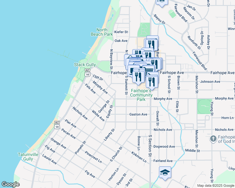 map of restaurants, bars, coffee shops, grocery stores, and more near 103 Liberty Street in Fairhope