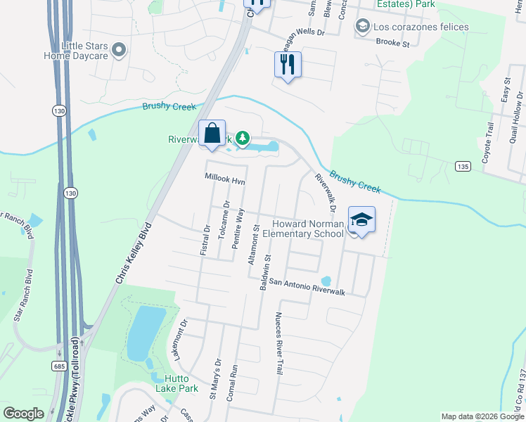 map of restaurants, bars, coffee shops, grocery stores, and more near 124 Baldwin Street in Hutto