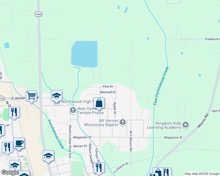 map of restaurants, bars, coffee shops, grocery stores, and more near 200 Pine Drive in Hammond