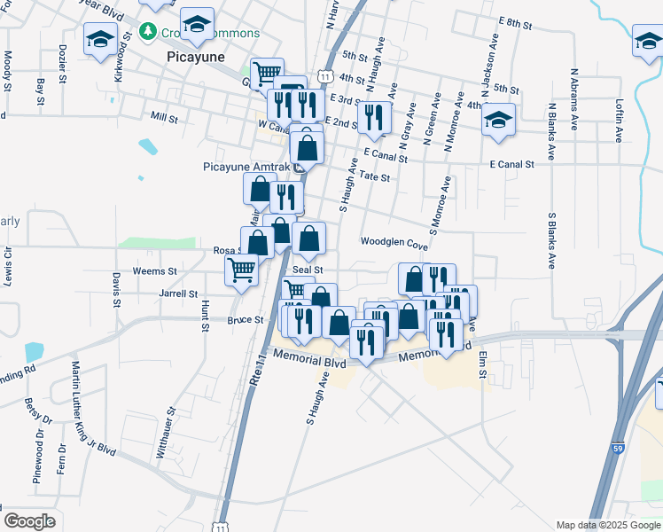 map of restaurants, bars, coffee shops, grocery stores, and more near 520 South Haugh Avenue in Picayune