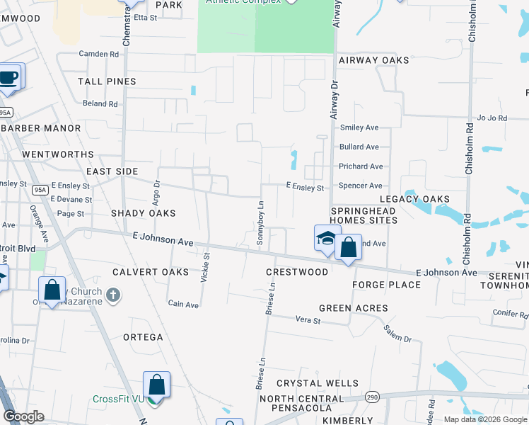 map of restaurants, bars, coffee shops, grocery stores, and more near 8611 Match Street in Pensacola