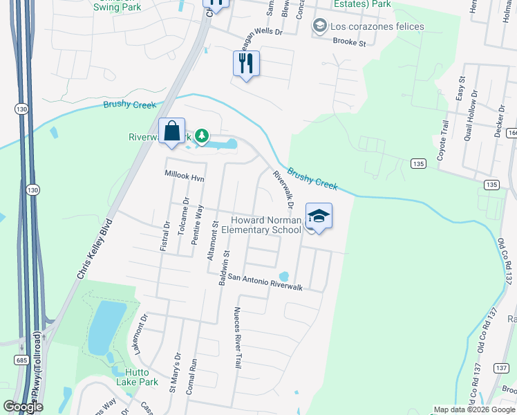 map of restaurants, bars, coffee shops, grocery stores, and more near 213 Creston St in Hutto