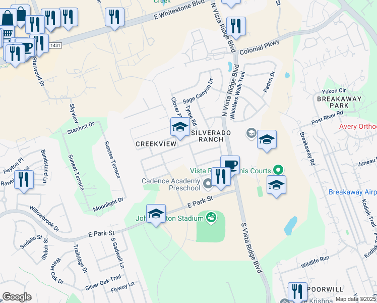 map of restaurants, bars, coffee shops, grocery stores, and more near 319 Settlers Home Drive in Cedar Park