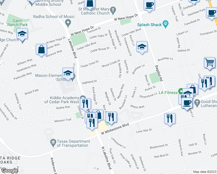 map of restaurants, bars, coffee shops, grocery stores, and more near 1205 Darless Drive in Cedar Park