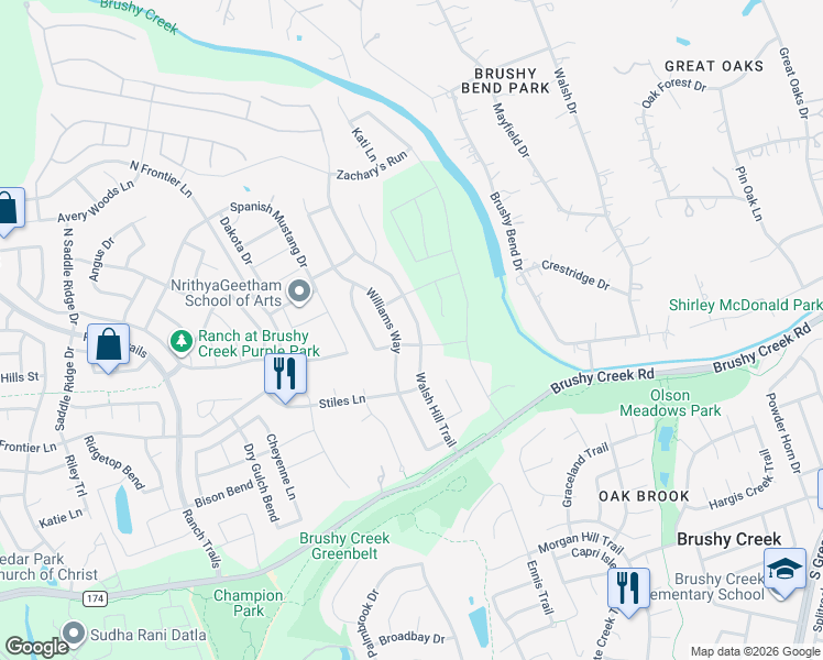 map of restaurants, bars, coffee shops, grocery stores, and more near 715 Walsh Hill Trail in Cedar Park