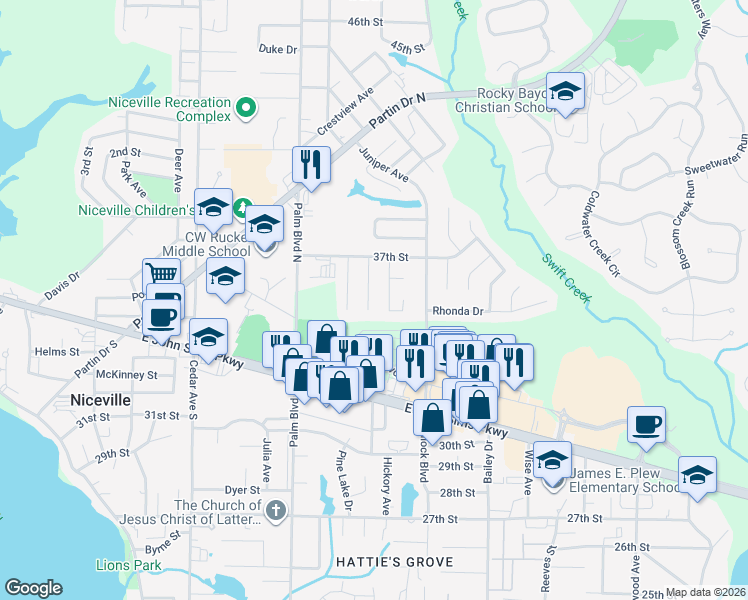 map of restaurants, bars, coffee shops, grocery stores, and more near 112 Alan A Dale Drive in Niceville