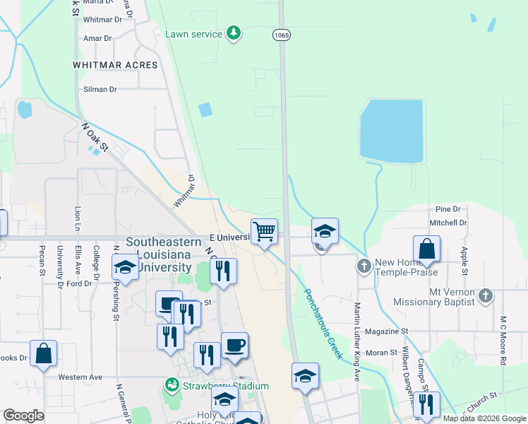 map of restaurants, bars, coffee shops, grocery stores, and more near 143 Clinton Court in Hammond