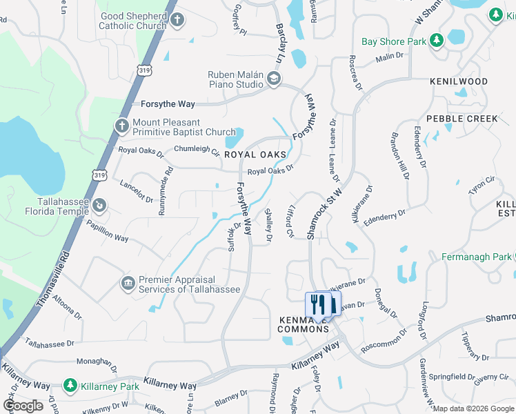 map of restaurants, bars, coffee shops, grocery stores, and more near 2500 Debden Court in Tallahassee