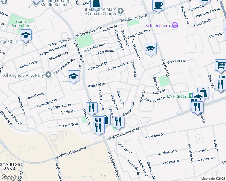 map of restaurants, bars, coffee shops, grocery stores, and more near 1205 Darless Drive in Cedar Park
