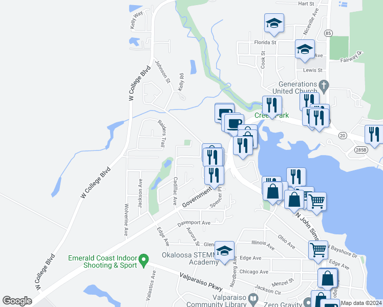 map of restaurants, bars, coffee shops, grocery stores, and more near 206 Marquette Avenue in Niceville