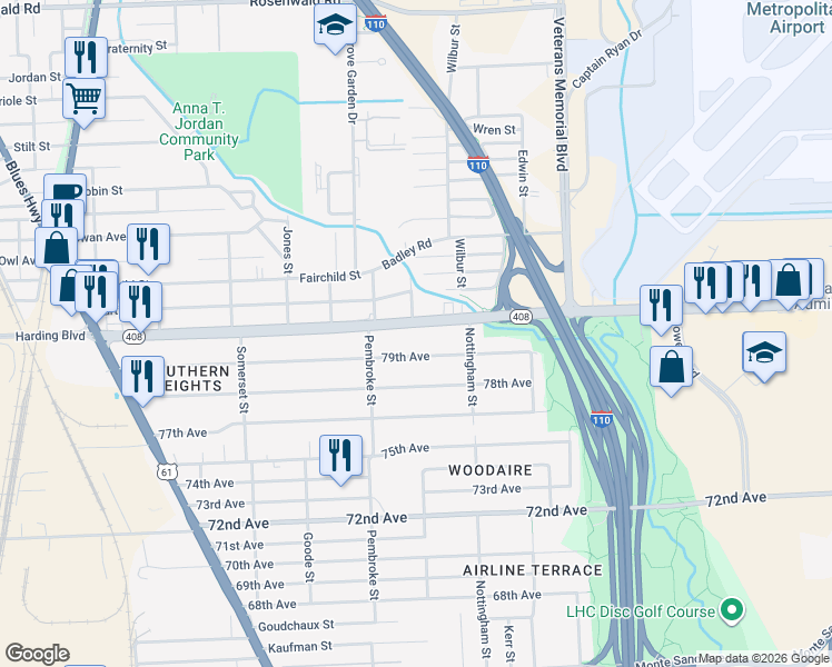 map of restaurants, bars, coffee shops, grocery stores, and more near 2520 Harding Boulevard in Baton Rouge