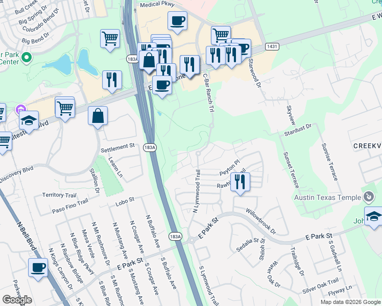 map of restaurants, bars, coffee shops, grocery stores, and more near 601 C-Bar Ranch Trail in Cedar Park