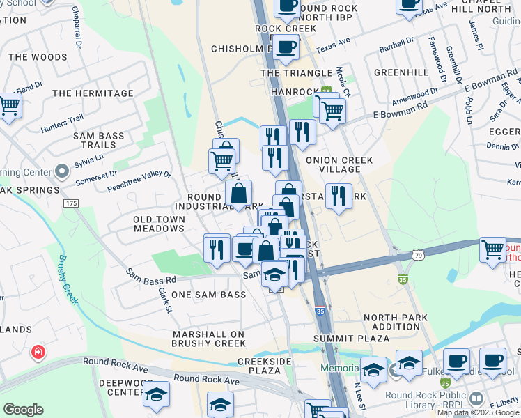 map of restaurants, bars, coffee shops, grocery stores, and more near 927 Chisholm Cove in Round Rock
