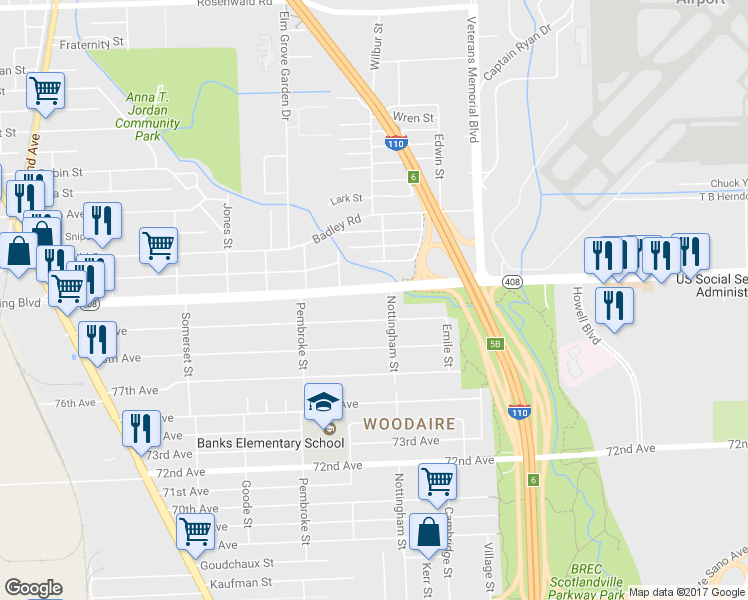 map of restaurants, bars, coffee shops, grocery stores, and more near 2626 Harding Boulevard in Baton Rouge