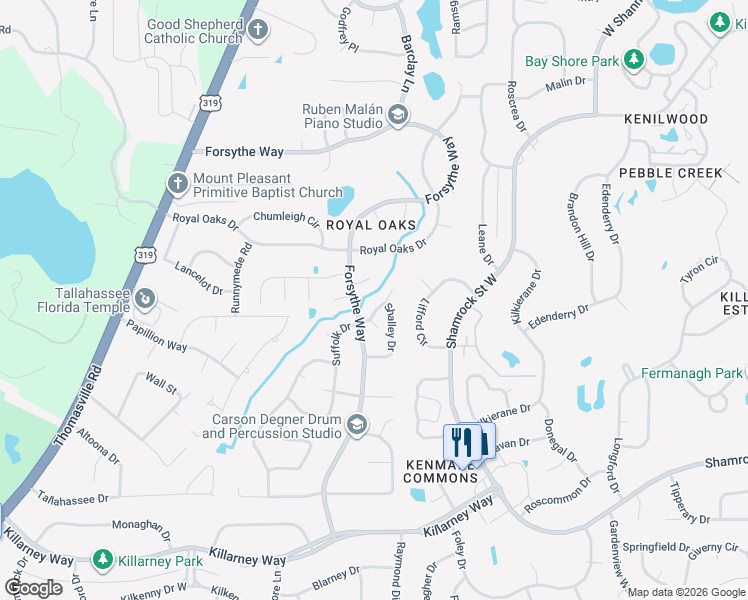 map of restaurants, bars, coffee shops, grocery stores, and more near 2408 Debden Court in Tallahassee