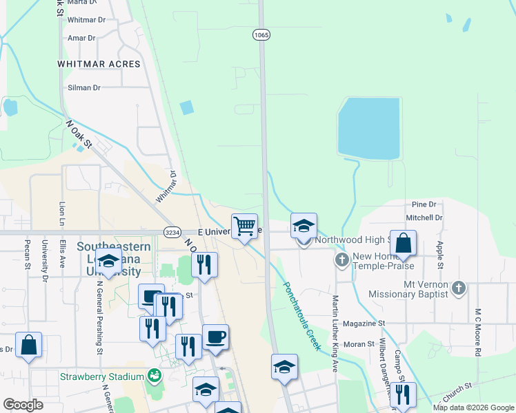 map of restaurants, bars, coffee shops, grocery stores, and more near 114 Clinton Court in Hammond