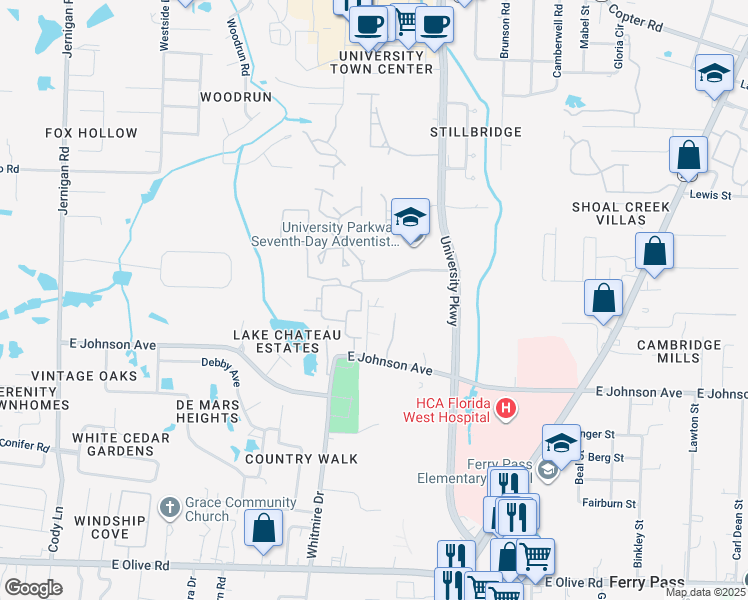 map of restaurants, bars, coffee shops, grocery stores, and more near 8550 Gift Drive in Pensacola