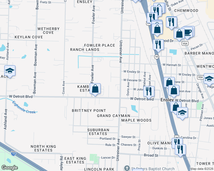 map of restaurants, bars, coffee shops, grocery stores, and more near 8453 James Taylor Lane in Pensacola