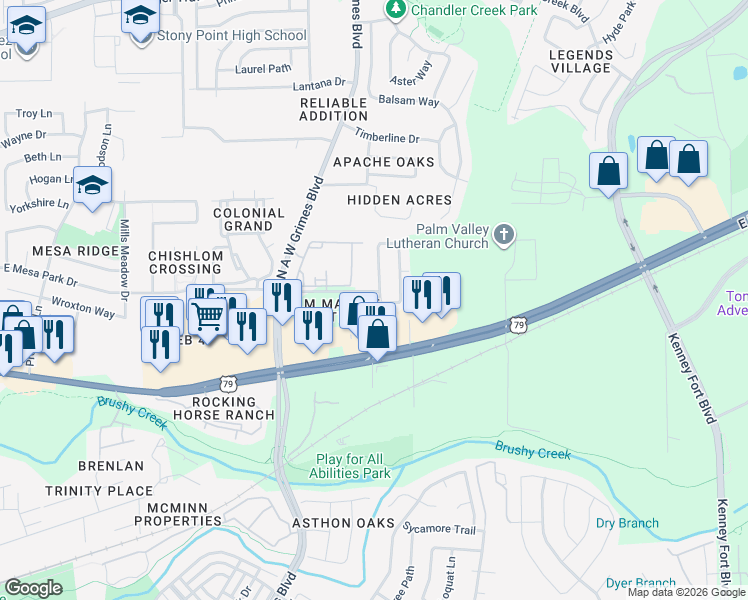 map of restaurants, bars, coffee shops, grocery stores, and more near 956 Centerra Hills Circle in Round Rock