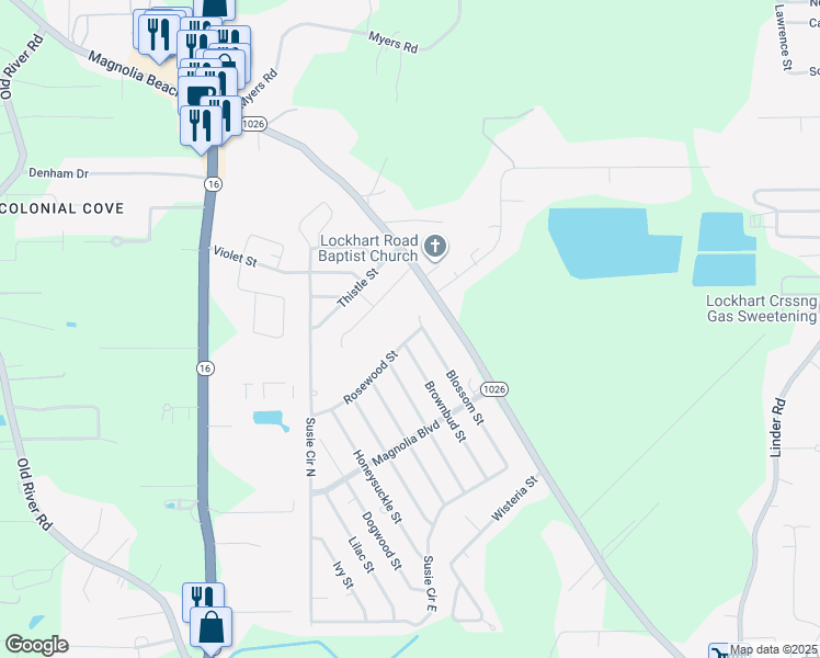 map of restaurants, bars, coffee shops, grocery stores, and more near 8380 Rosewood Street in Denham Springs