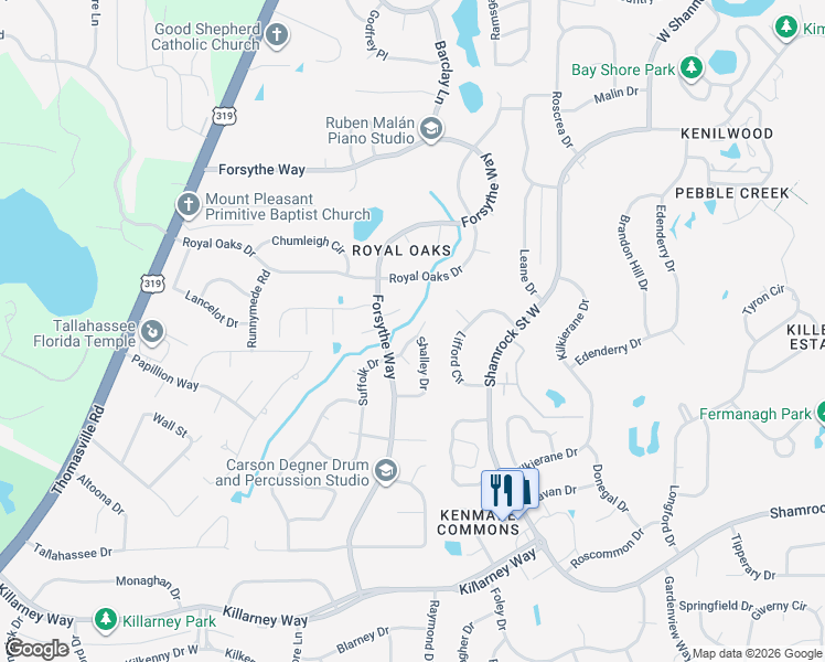 map of restaurants, bars, coffee shops, grocery stores, and more near 2500 Debden Court in Tallahassee