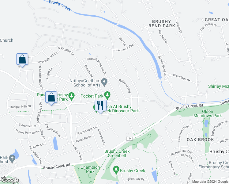 map of restaurants, bars, coffee shops, grocery stores, and more near Spanish Mustang Drive in Cedar Park