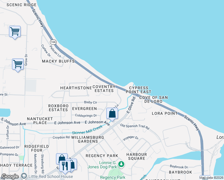 map of restaurants, bars, coffee shops, grocery stores, and more near 8661 Winding Lane in Pensacola