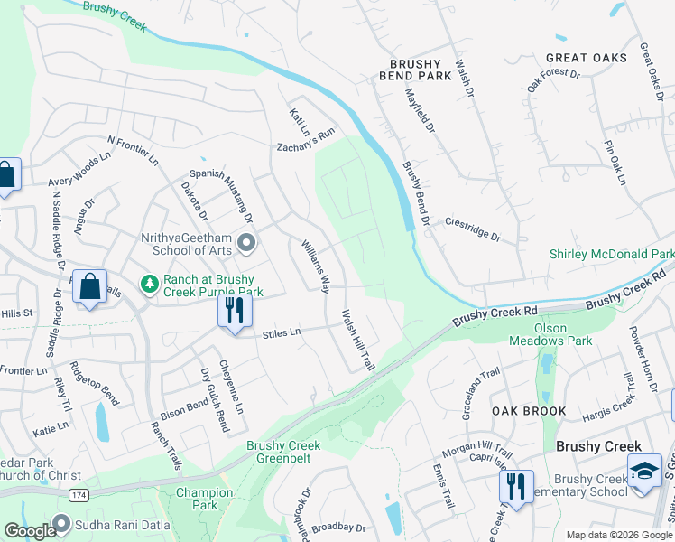 map of restaurants, bars, coffee shops, grocery stores, and more near 715 Walsh Hill Trail in Cedar Park
