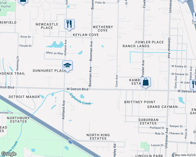 map of restaurants, bars, coffee shops, grocery stores, and more near 8404 Bowman Avenue in Pensacola