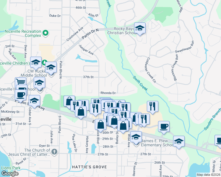 map of restaurants, bars, coffee shops, grocery stores, and more near 441 Larkspur Court in Niceville