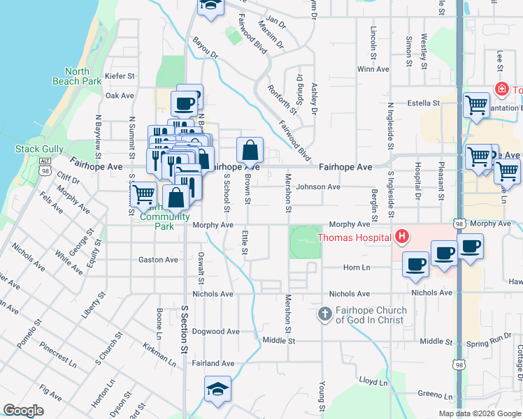 map of restaurants, bars, coffee shops, grocery stores, and more near 557 Morphy Ave in Fairhope