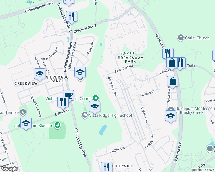map of restaurants, bars, coffee shops, grocery stores, and more near 221 Breakaway Road in Cedar Park