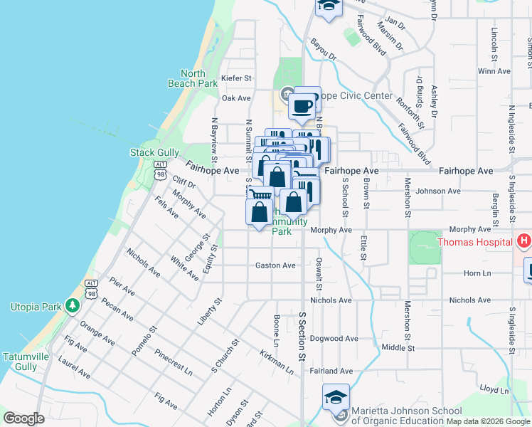 map of restaurants, bars, coffee shops, grocery stores, and more near 100 South Church Street in Fairhope