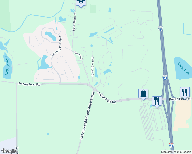 map of restaurants, bars, coffee shops, grocery stores, and more near 15720 Bainebridge Drive in Jacksonville