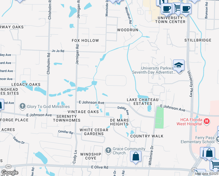 map of restaurants, bars, coffee shops, grocery stores, and more near 1325 Finley Drive in Pensacola