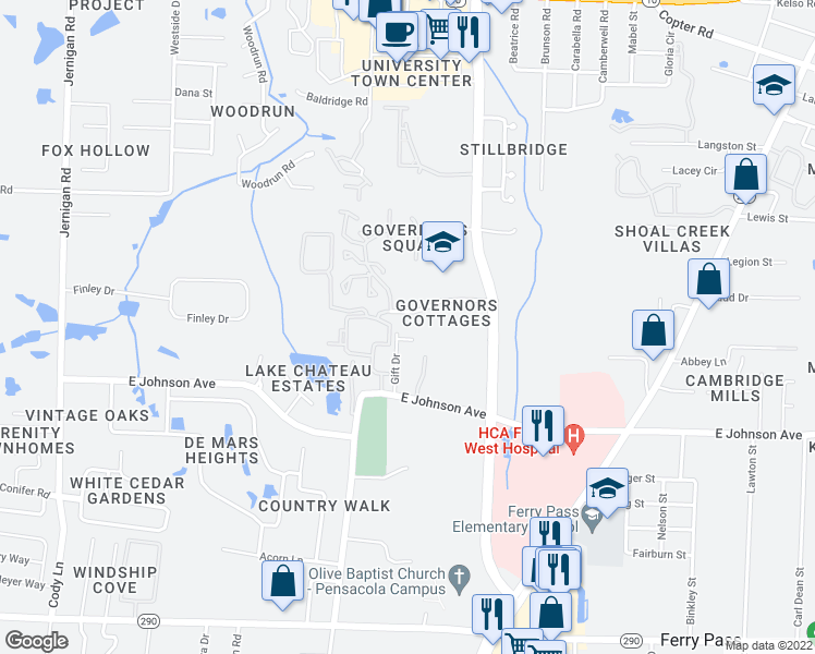 map of restaurants, bars, coffee shops, grocery stores, and more near 1629 Governor's Drive in Pensacola